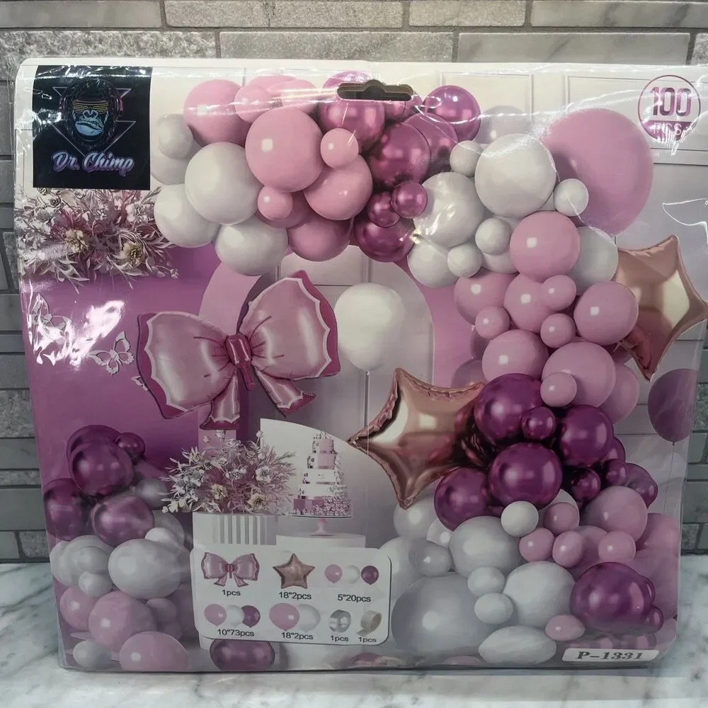 Pink & White Balloon Garland Arch Kit, Bow, stars,18in, 10in, 5in ballons 100 pc